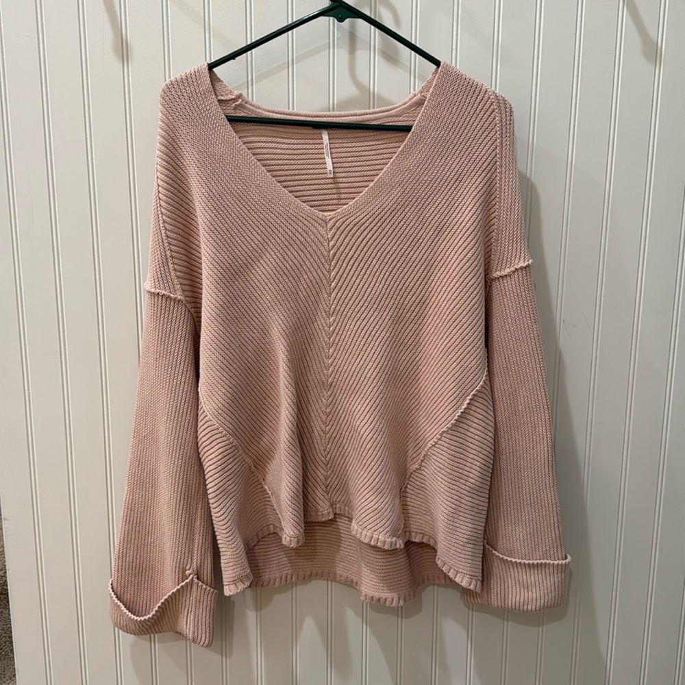 FREE PEOPLE tan pink sweater neck pull over XS boho vintage inspired